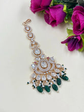 Designer Rose Gold Finish AD And Polki Big Size Maang Tikka with green color beads